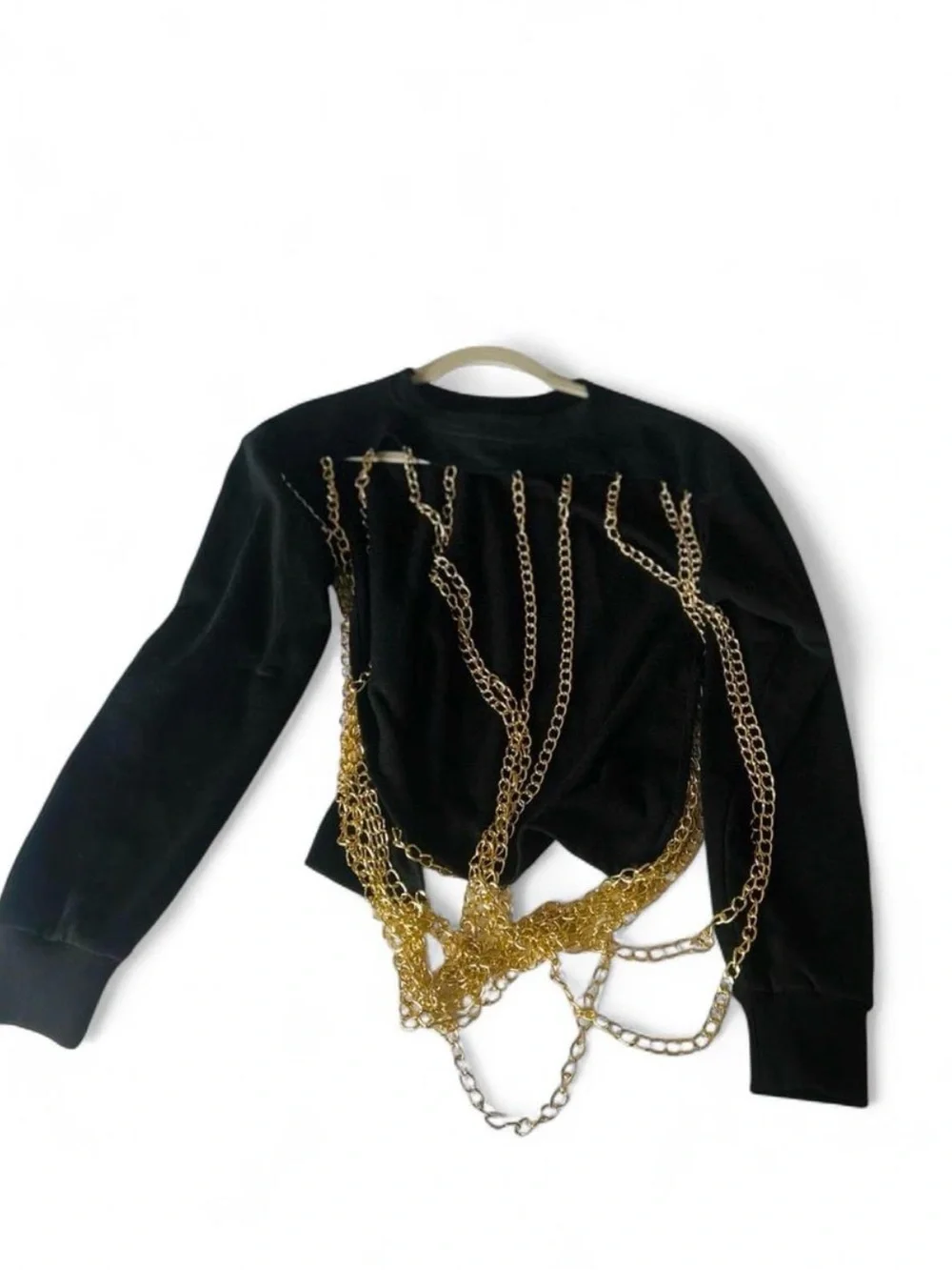 AKIRA Black Crewneck Sweater with Chain Accent